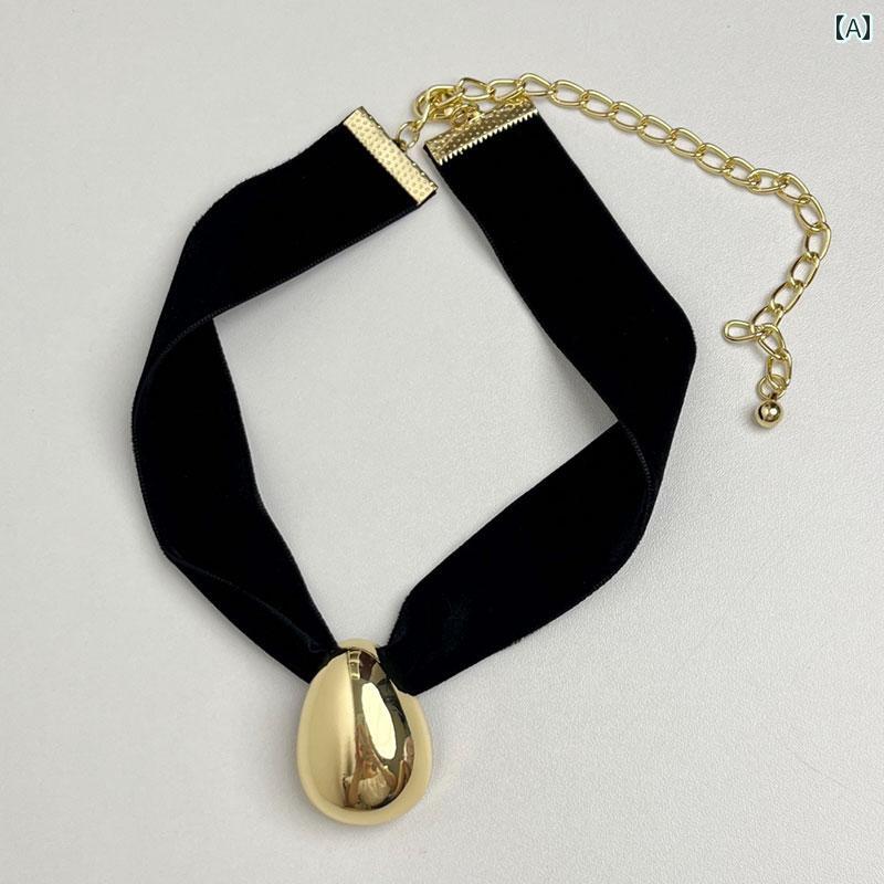 レディース チョーカー アクセサリー フランスの レトロ 黒の ワイド ベルベット チョーカー カラー 卵形の 水滴 ペンダント ネックレス 軽量 高級 女性用