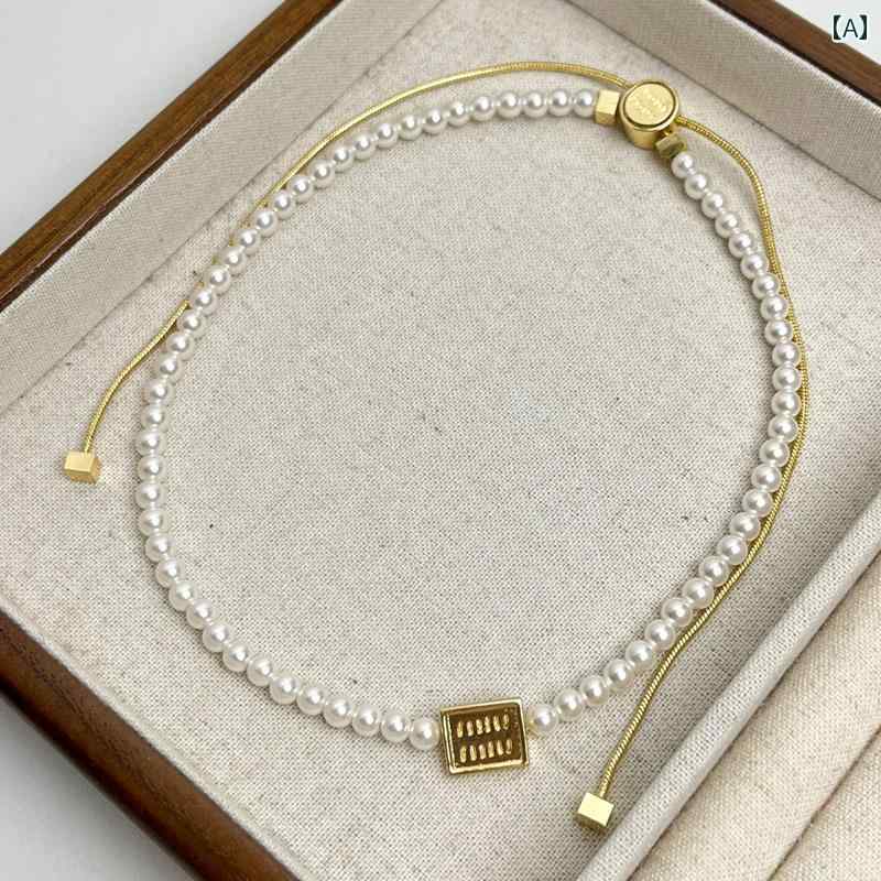 レディース チョーカー アクセサリー 2024年 レトロ スクエア M 字 パールネックレス 精巧 チョーカー 調節可能 ドローストリング ネック チェーン 鎖骨