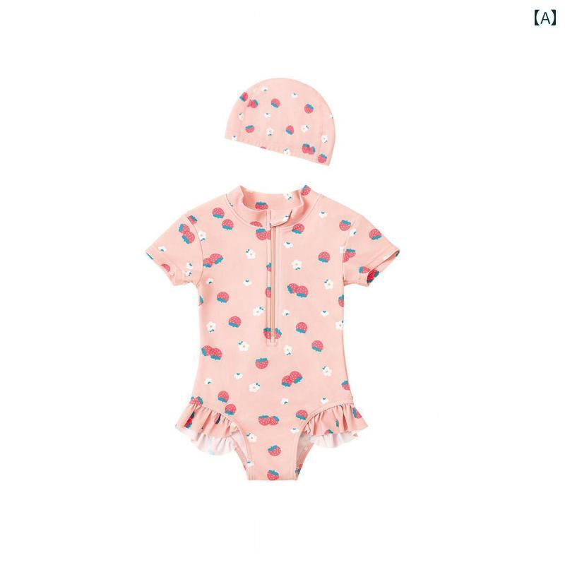 キッズ 水着 ワンピース 女の子用 女の子 水着 2025 夏の スタイル 女児用 イチゴ 柄 半袖 ワンピース 速乾 日焼け防止 海辺の