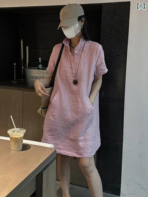 シャツワンピース ショート丈 かわいい フレンチ ポロ カラーの リネン 半袖 ワンピース 女性用 夏 2025年 の ゆったり シャツ