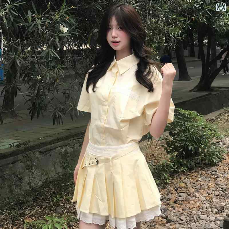 シャツワンピース ショート丈 かわいい 韓国 カレッジ 黄色の シャツ ドレス 女性用 2025夏の 小さい プリーツ スーツ スカート(4)