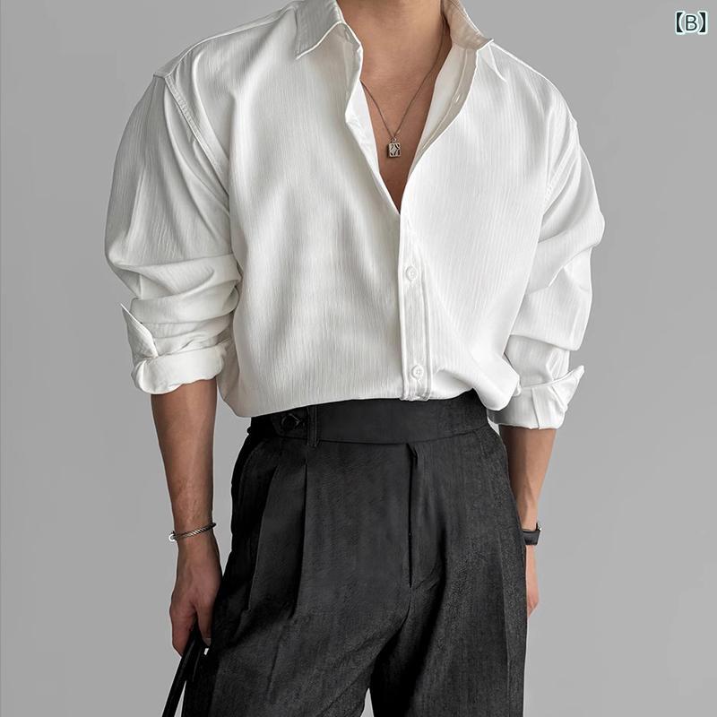 Yシャツ ワークシャツ　メンズ 男性用 リブ 織り テクスチャー ド 長袖 シャツ カジュアル ビジネス 高級 ドレープ 大人 スタイル 万能 トップス
