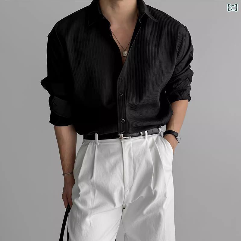 Yシャツ ワークシャツ　メンズ 男性用 リブ 織り テクスチャー ド 長袖 シャツ カジュアル ビジネス 高級 ドレープ 大人 スタイル 万能 トップス