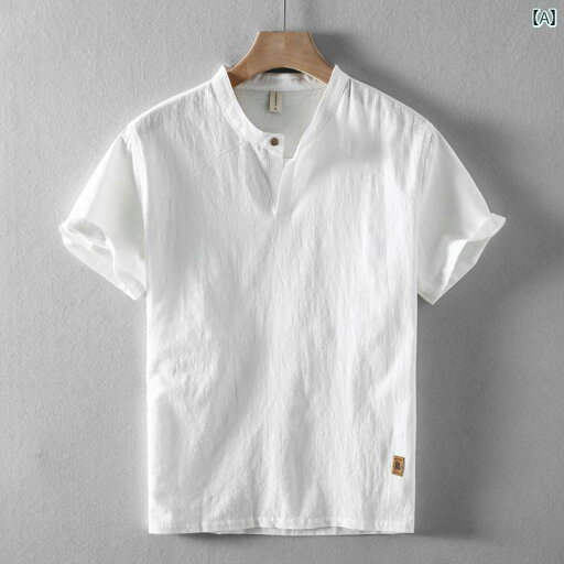 Yシャツ ワークシャツ メンズ 夏の メンズ リネン 半袖 シャツ スタンドカラーコットンと レトロ 通気性 カジュアル ゆったり Yシャツ ワークシャツ メンズ 夏の メンズ リネン 半袖 シャツ スタンドカラーコットンと レトロ 通気性 カジュアル ゆったり