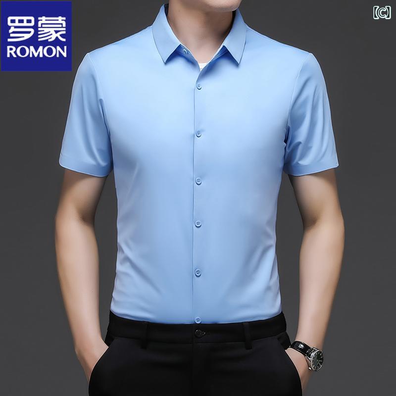 Yシャツ ワークシャツ　メンズ ロモン シームレス 冷感 半袖 シャツ メンズ 中夏 ビジネス カジュアル高 弾性 ノンアイロン 通気性