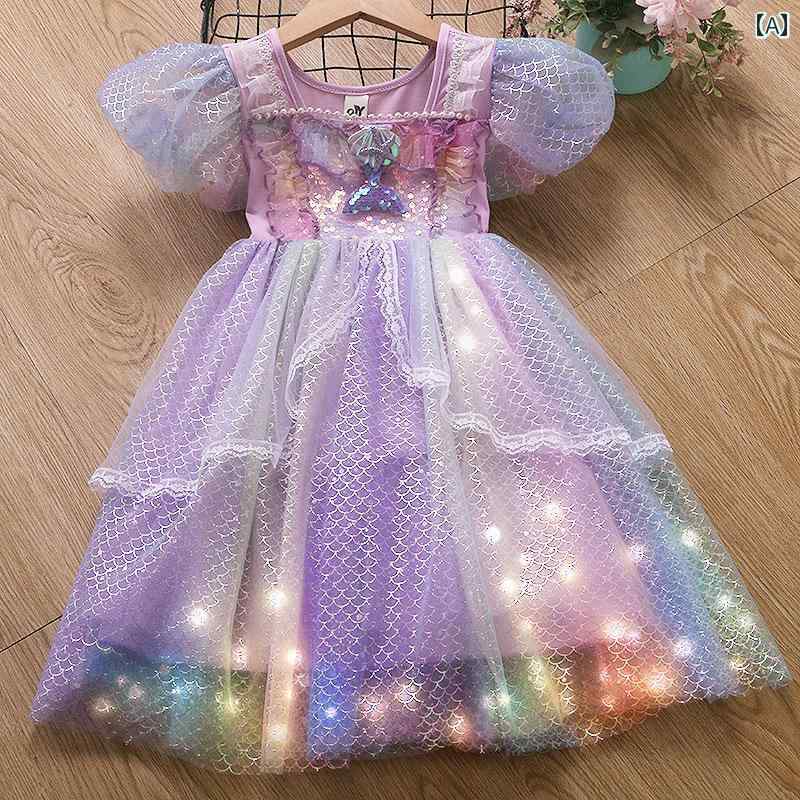 女の子用 かわいい マーメイド 女の子 マーメイドドレス 夏の スタイル ふわふわ ガーゼ 光沢の ある な パフスリーブ 半袖 プリンセス パープル ドレス