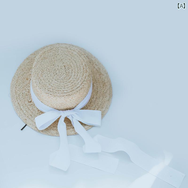 キッズ かわいい 麦わら帽子 子供用 麦わら 帽子 英国 スタイル ラフィア フラット トップ バケーショ..