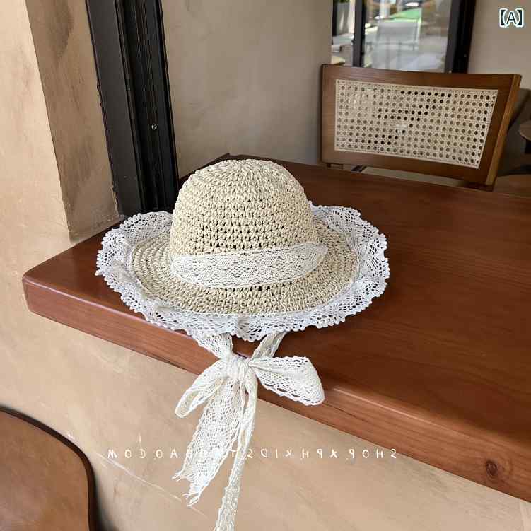 キッズ かわいい 麦わら帽子 子供用 フレンチレース 麦わら 帽子 夏 女の子 海辺 ビーチ サンハット ベ..