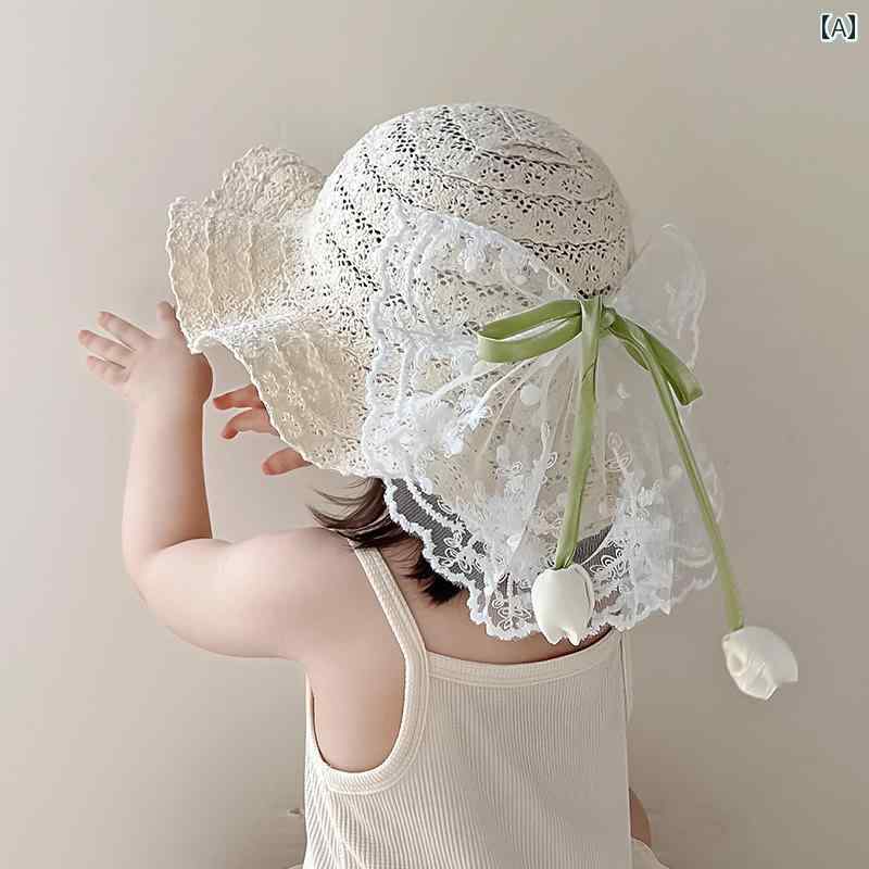 キッズ かわいい 麦わら帽子 夏の 女の子 麦わら 帽子 子供の 日焼け防止 レース リボン 女の 赤ちゃん..