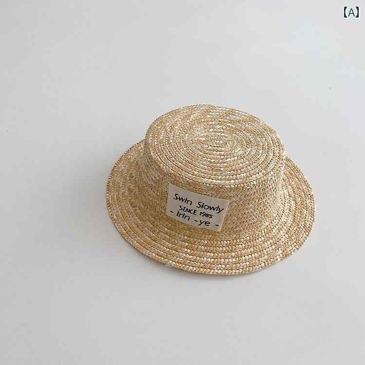 キッズ かわいい 麦わら帽子 夏の 子供用 韓国 フラット トップ 麦わら 帽子 男の子と 女の子 ビーチハ..