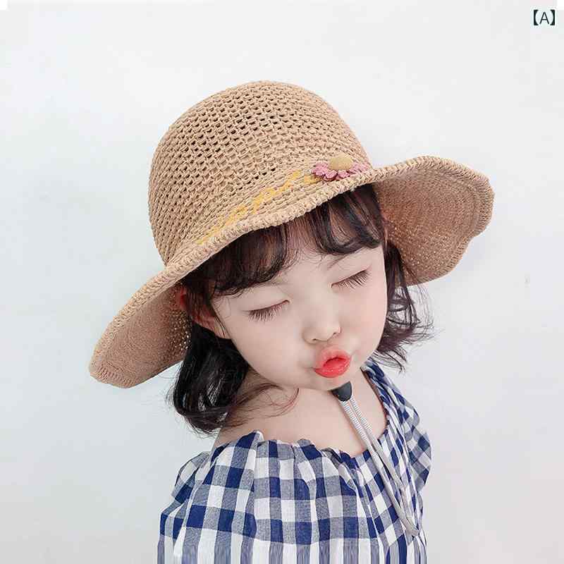 キッズ かわいい 麦わら帽子 女の子用の つば 広の 子供用 サンハット 夏の 女の子用 日焼け防止 麦わ..