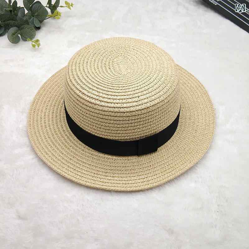 キッズ かわいい 麦わら帽子 ベビー サンハット 子供用 フラット トップハット 麦わら 帽子 男の子と ..