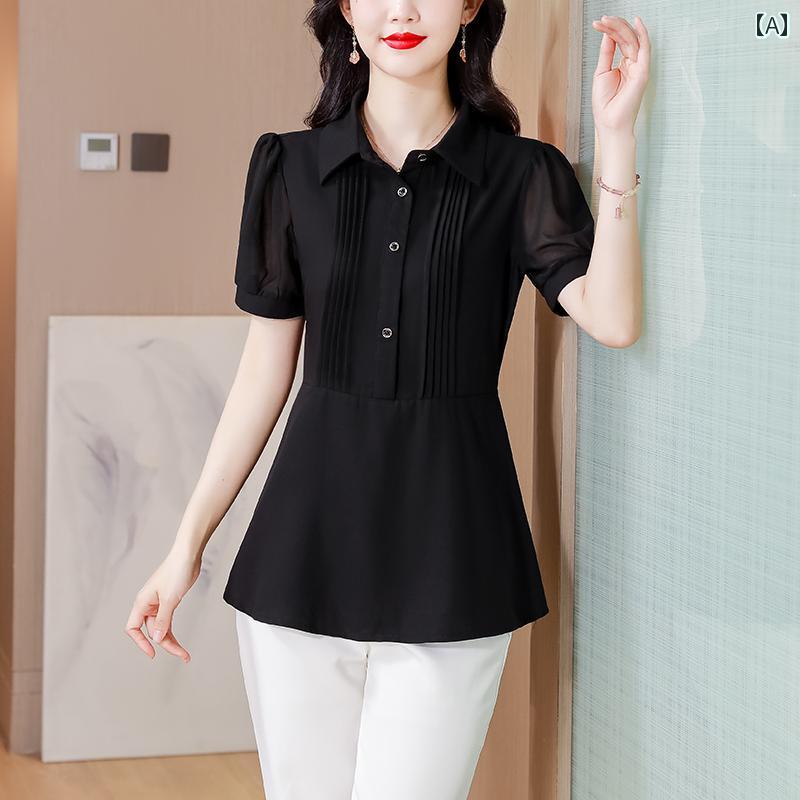 シンプル ブラウス 半袖 2025夏の 女性用 マザーズ用 黒 半袖 シフォンシャツ。 ウエストを 細くし お..