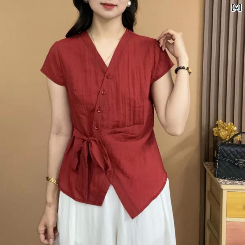シンプル ブラウス 半袖 2025夏 リネン 半袖 万能 Vネック ウエスト スリミング カーディガン ボタン 付き レディース トップス