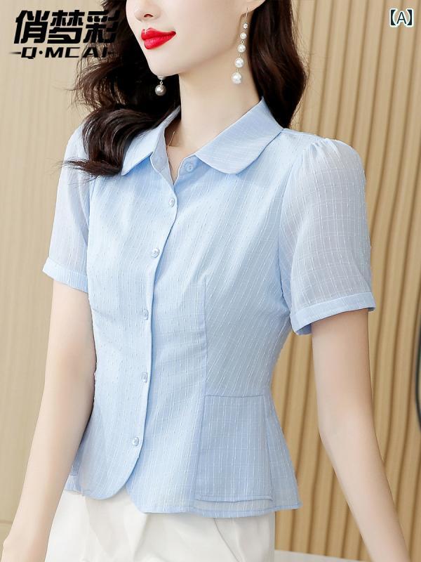 シンプル ブラウス 半袖 ブルーの 半袖 シャツ レディース 夏 2025 小さい シフォン トップ 女性 ファッション ウエスト ショート
