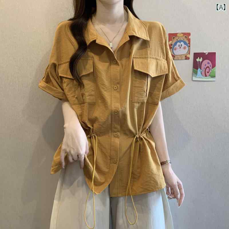 シック ブラウス 半袖 大きいサイズ 婦人服 お腹を カバー ドローストリング ウエスト ストレート ショ..