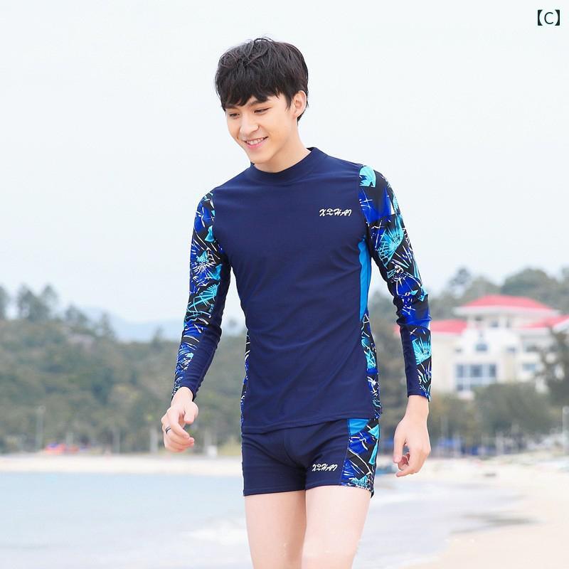 メンズ 水着 セット 2025年 スプリット 水着 メンズ 半袖 トップスと 長袖 水泳 パンツ 日焼け防止な スーツ