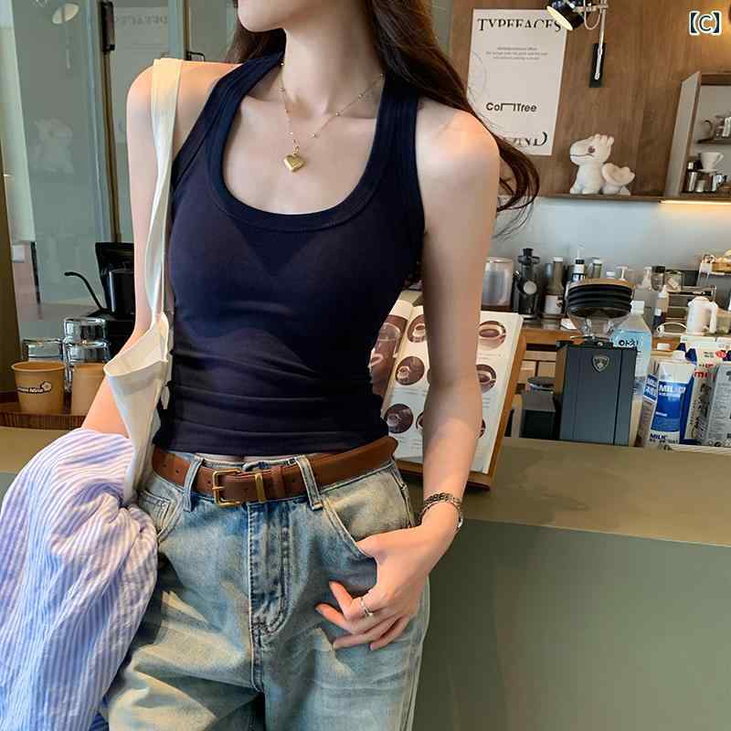 レディース タンクトップ フィット アメリカン 美しい ホット ガールの 赤い ホルターネック ノースリーブ I 字型の 小さい ベスト レディース 夏の 摩耗 カバー サイド 胸 サスペンダー トップ