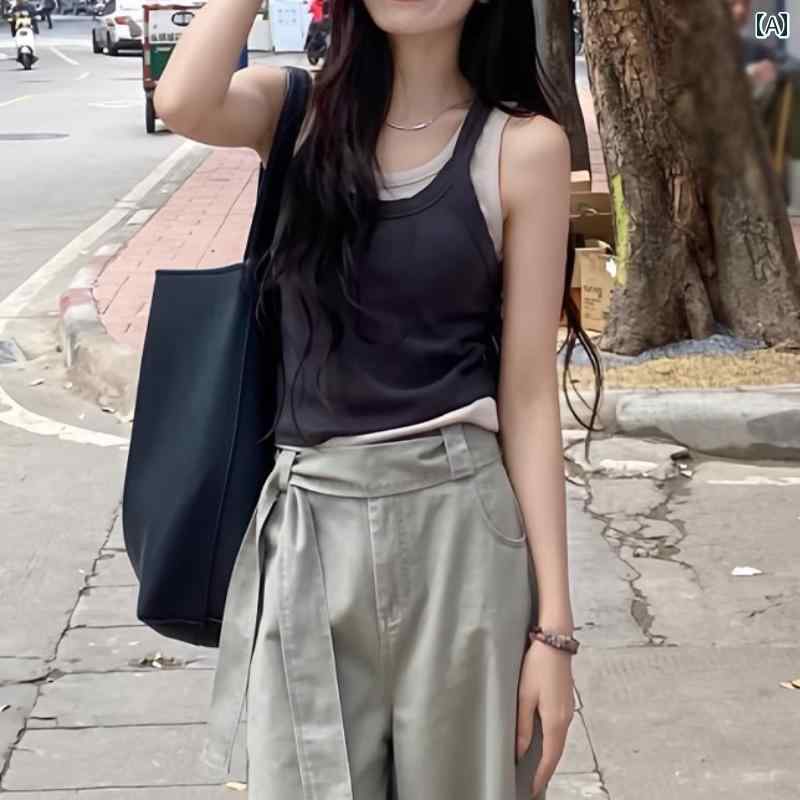 レディース タンクトップ フィット 綿の アメリカン フェイク ツーピース ベスト 女性用 大きいサイズ ..