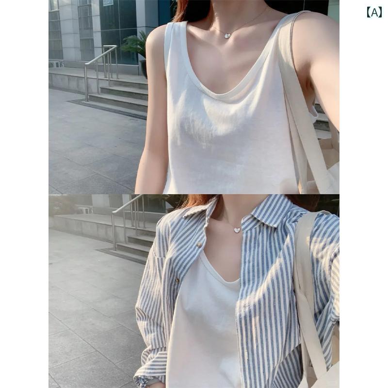 レディース タンクトップ フィット 女性用 ホワイト キャミソール 夏用 薄手 アウターウェア ベース シャツ ゆったり スリムフィット ノースリーブ ラウンドネックトップス