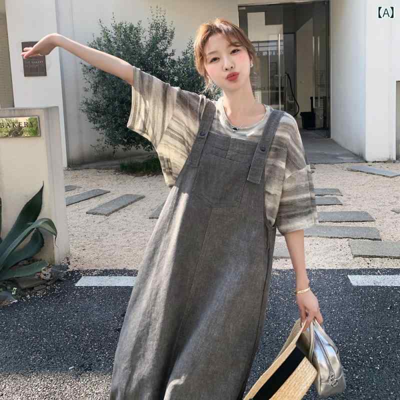 ジャンパー スカート オーバーオール グレーの 美しい 作業着 サスペンダー 花の つぼみ ドレス ストライプ Tシャツ スーツ レディース 夏の 韓国 衣装 ...