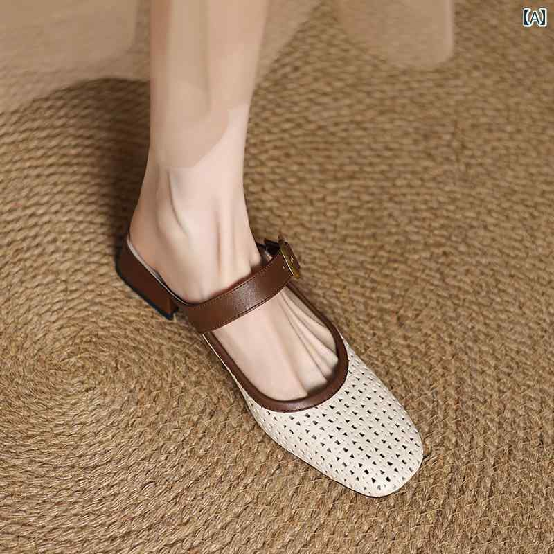 ミュール サンダル レディース フランスの レトロ 革 留め具 付き ハーフ スリッパ 女性用 アウトドアウェア 夏用 サンダル 通気性の ある レディースシューズ ローヒールの シューズ ミュール