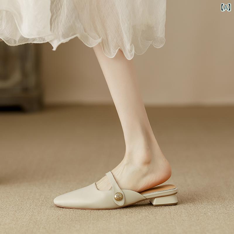 ミュール サンダル レディース フランス製 レザー 留め具 付き ハーフ スリッパ 夏用 アウトドアウェア 2025年 ソフトレザー 厚 ヒールサンダル ミュール