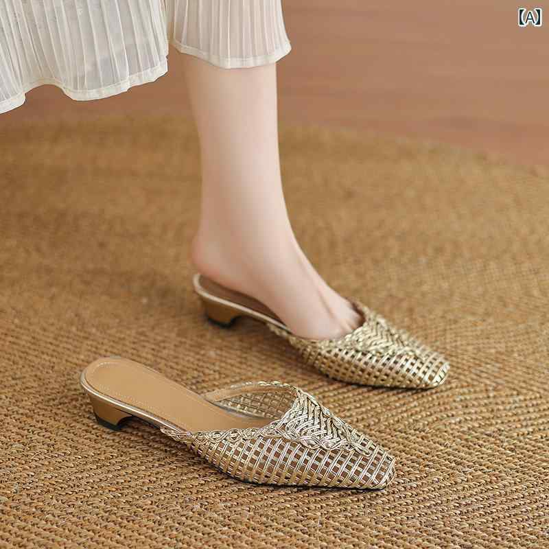 ミュール サンダル レディース ソフトな フランスの レトロ 編み込み つま先 ハーフ スリッパ 女性用 ..