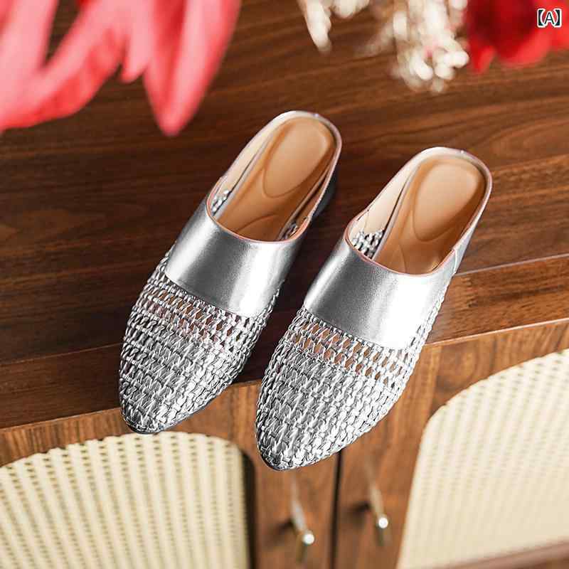 ミュール サンダル レディース 3 cm / ソフト ソール 表面 編み込み 包 頭 ハーフ スリッパ レディース 春夏 マンゴー ヘッド ミッド ヒール 通気性 ミュール