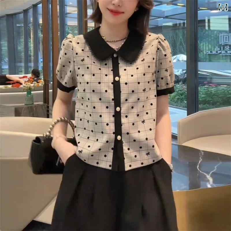 ドット柄 水玉 ブラウス シャツ 夏の フレンチ 小さい チェック 柄 水玉 シャツ ファッション レディース 服 リボン プリント ポロ カラー トップ