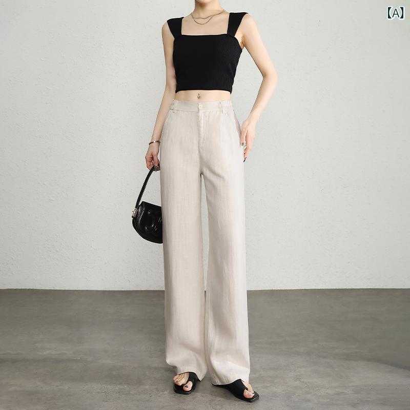 Cropped Pants - ゆったり イージーパンツ レディース リネン ワイド レッグ パンツ レディース 夏 薄手 ドレープ レディースパンツ ホワイト コットン＆ スーツ ゆったり カジュアル
