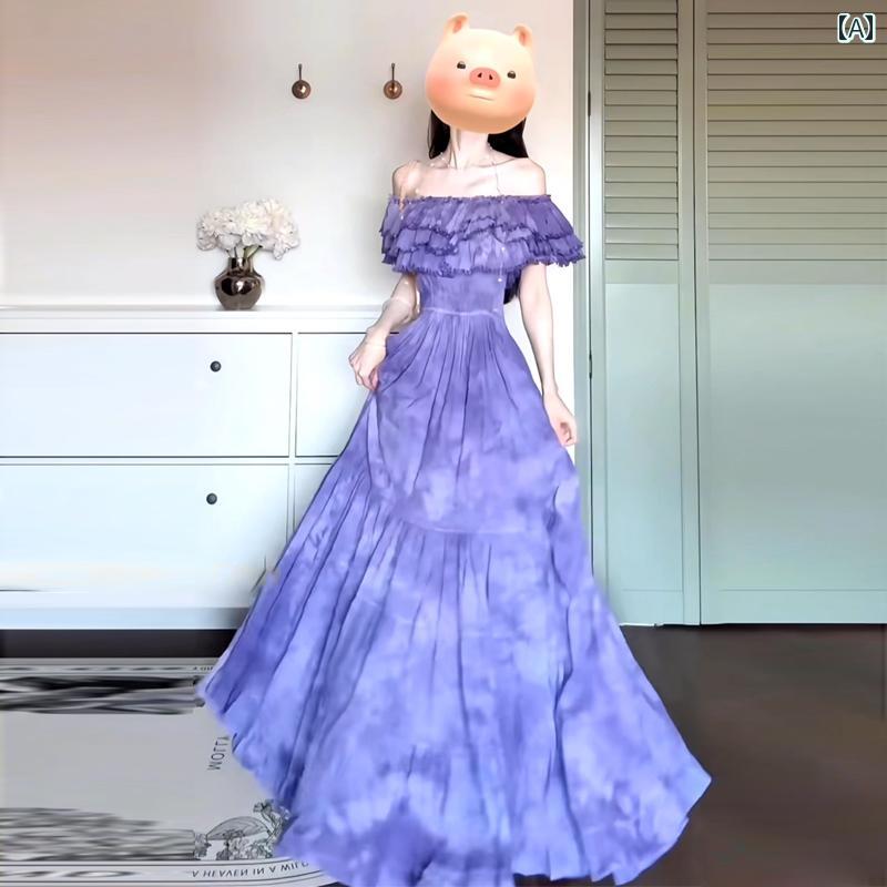 カラードレス レディース フレンチ 高級 ワンショルダー タイ ダイ ドレス 夏の 海辺の 休日 ウエスト ..