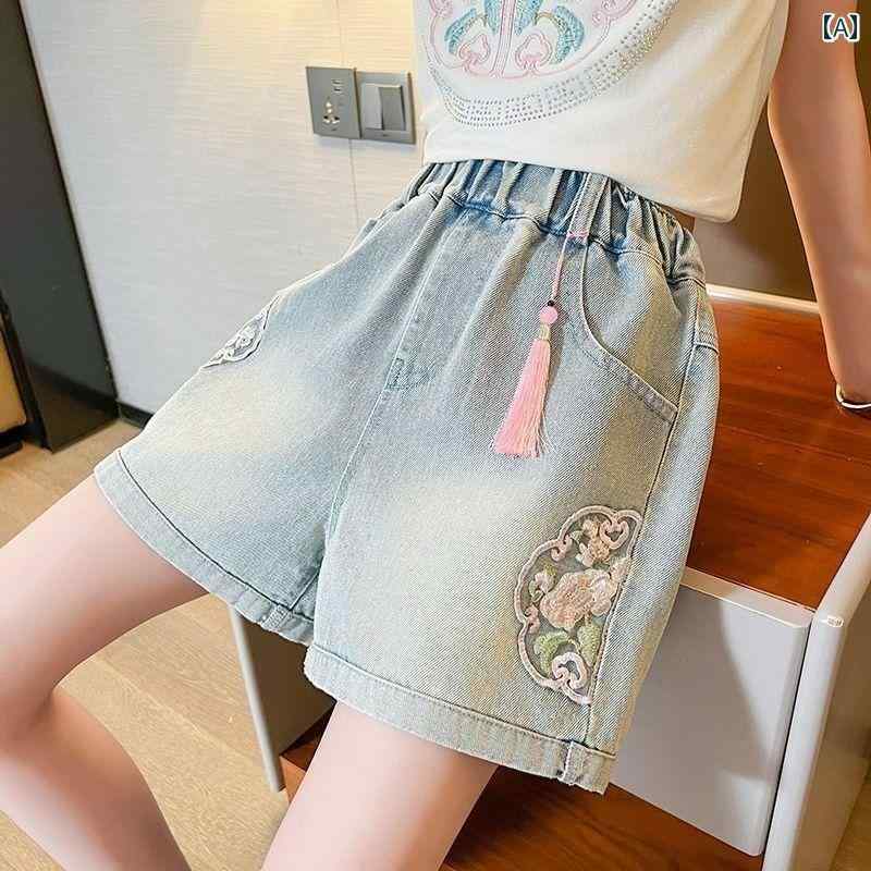 子供用 ショートパンツ 女の子 チャイナ風 ショート パンツ 夏 2025 スタイル中 大人 子供の スポーツ カジュアル ジーンズの