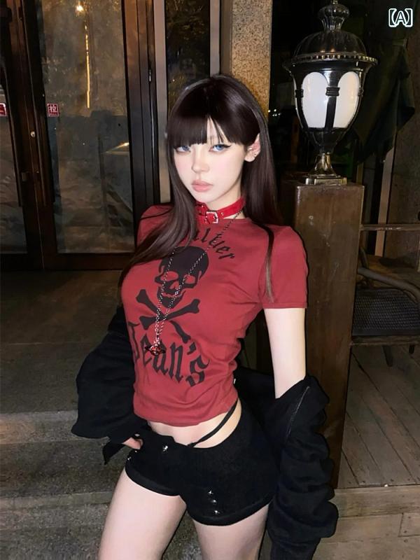 Tシャツ スカル レディース アメリカン ホット ガール レッド 半袖 Tシャツ レディース 夏 ユニークな ..