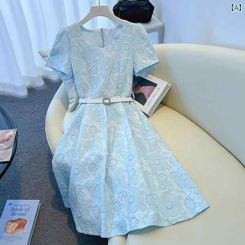 カジュアル ワンピース ひざ丈 フランス 風の 高級 ブルー ワンピース レディース 2025夏 大きいサイズ ウエスト カバー お腹 周り 風 品 ミドル 丈 aライン スカート