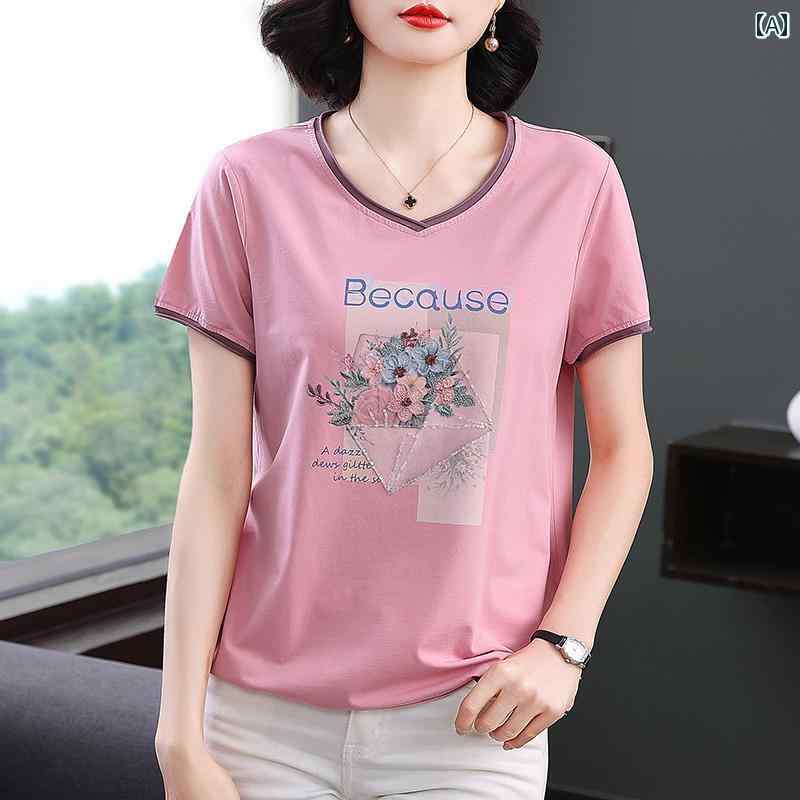 花柄 プリント Tシャツ で 年齢を 感じさせにくい 刺繍 プリントの 綿 半袖 Tシャツ。 レディースの 夏..