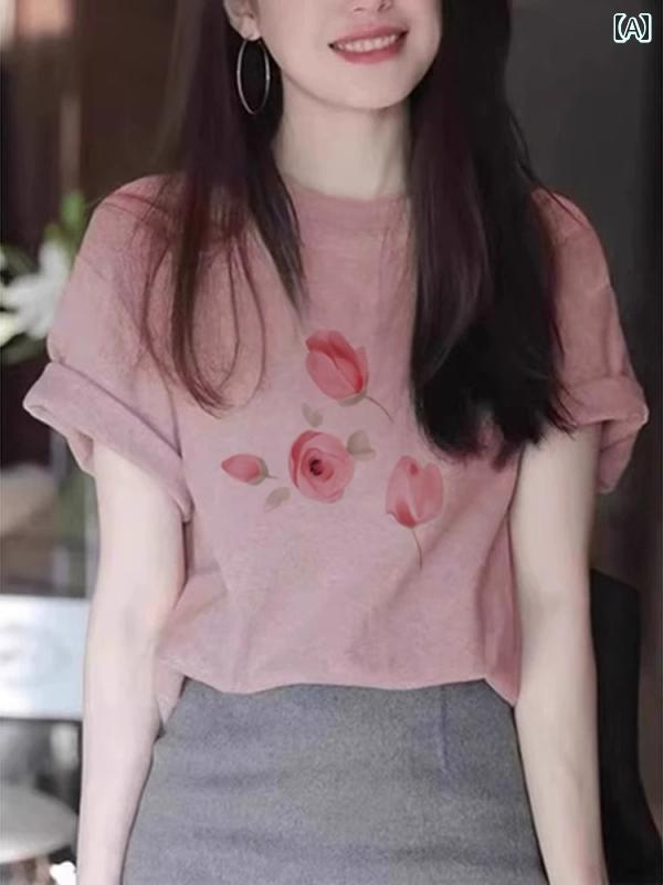 花柄 プリント Tシャツ 夏の ootd 衣装 美しい 小さい トップ ピンクの プリント 半袖 Tシャツ 女性 2025 年齢を 減らす ホット スタイル