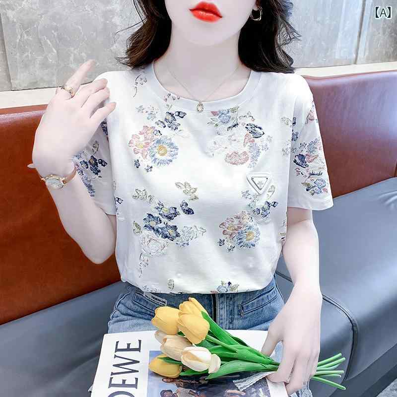 花柄 プリント Tシャツ 綿 プリント Tシャツ レディース 夏 半袖 韓国 牡丹 花新 スタイル 万能 ゆったり 花柄 トップス