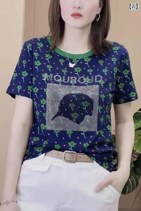 樂天商城 - 花柄 プリント Tシャツ ステーション 夏の ホット ラインストーン 半袖 Tシャツ レディースで スタイリッシュな 大きいサイズ 年齢 軽減 シャツ 花柄 トップ イン