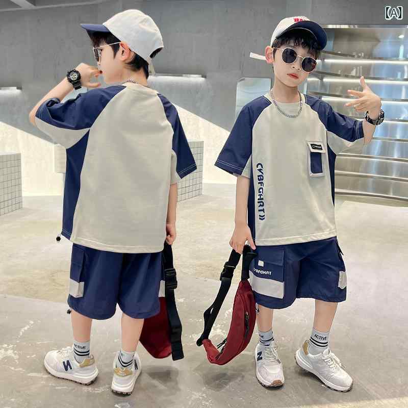 キッズ カジュアル パンツ セット 男の子 夏の 半袖 スーツ 2025 スタイル 中 大人 子供向け で な 夏のの 子供用 作業着の