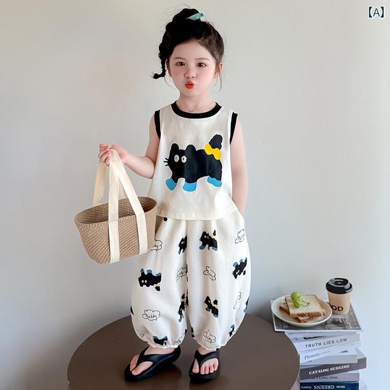 キッズ カジュアル パンツ セット 女の子 夏用 キャットベスト スーツ 2025年 子供用 夏服 女の子用 ノースリーブ トップス 防蚊 パンツ ツーピース セット