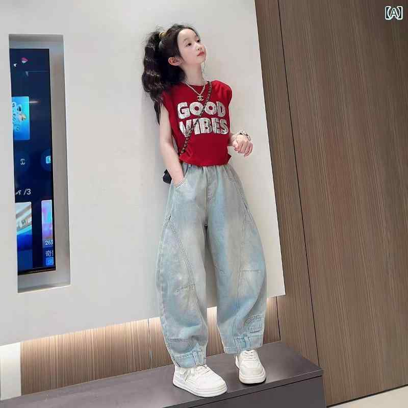 Other - キッズ カジュアル パンツ セット 女の子 韓国 夏の スーツ 2025 子供の ノースリーブ トップス ジーンズ ツーピース 薄手の ストリート 夏服