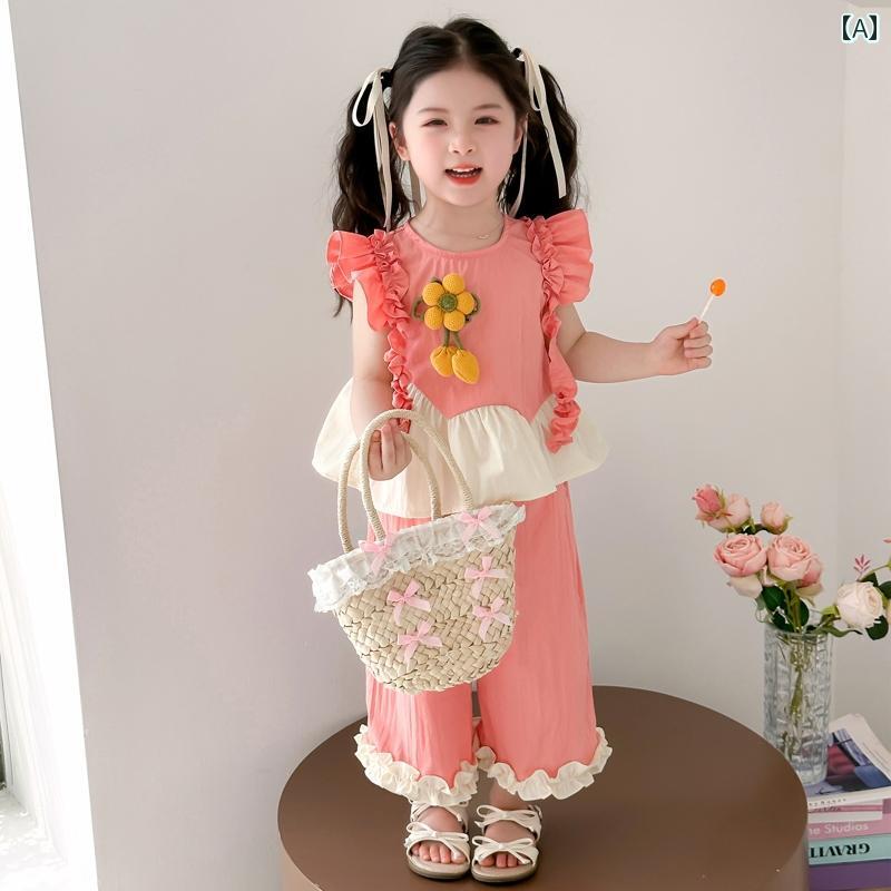 キッズ カジュアル パンツ セット 女の子 夏の フライング スリーブ スーツ 2025 子供の な ツーピース..
