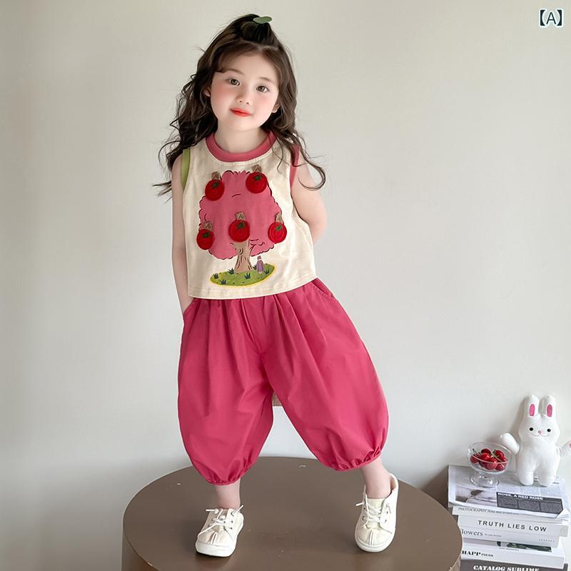 キッズ カジュアル パンツ セット 女の子 夏の スタイリッシュな ベスト ベビー ガールの 薄手 ブルマーの 夏服 2025 子供用 カジュアル ゆったり