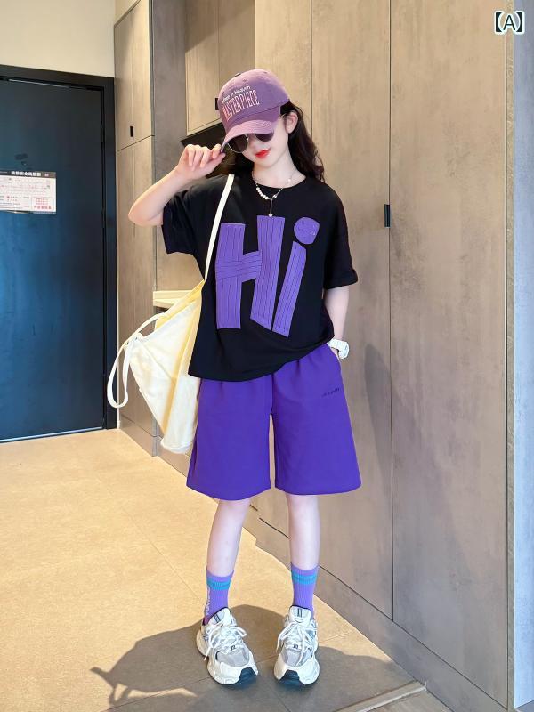キッズ カジュアル パンツ セット 女の子 夏の スーツ 2025 中学生の 服 半袖 スタイリッシュな ショート パンツ 子供の 夏服 薄手