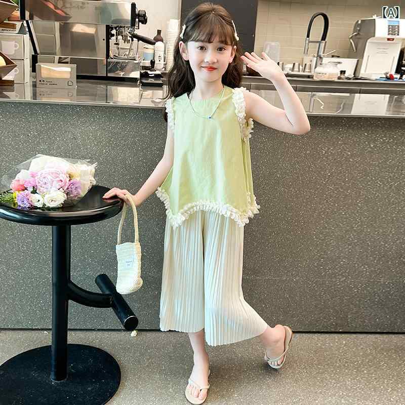 キッズ カジュアル パンツ セット 女の子 スーツ 夏 2025 子供用 カジュアル 夏の ベスト ガール ワイド レッグ パンツ ツーピース