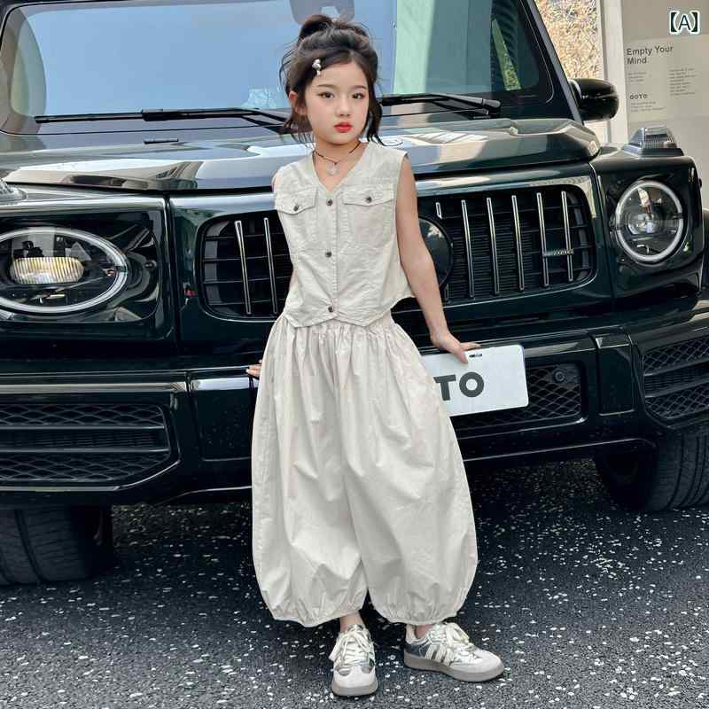 Other - キッズ カジュアル パンツ セット 女の子 夏の 2025な ベスト ガール ワイド レッグ パンツ ツーピース 子供用 レジャー スーツ クール