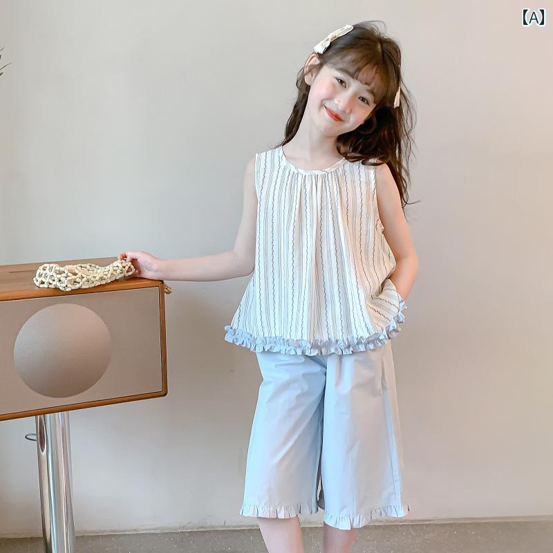 Rakuten - キッズ カジュアル パンツ セット 女の子 スーツ 夏の 薄手 スタイル 2025な 子供服の 小さい ストリート 服の 子供の ツーピースの 夏