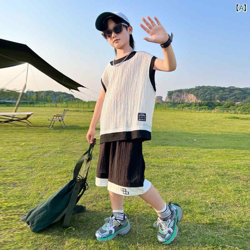 子供服 カジュアル パンツ セット ボーイズ サマー スーツ 2024 男の子と 子供用 ベスト 夏 速乾 半袖 中型と 大きい 洋風 薄手 スタイル
