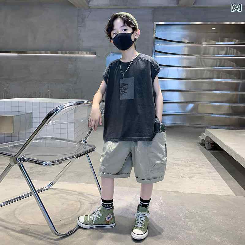 子供服 カジュアル パンツ セット 男の子 夏服 2025年 子供服 夏 薄手 大きいサイズ 子供 ノースリーブ ベスト ツーピース スーツ